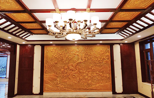 弋江中式别墅客厅中式木作横梁吊顶装饰展示